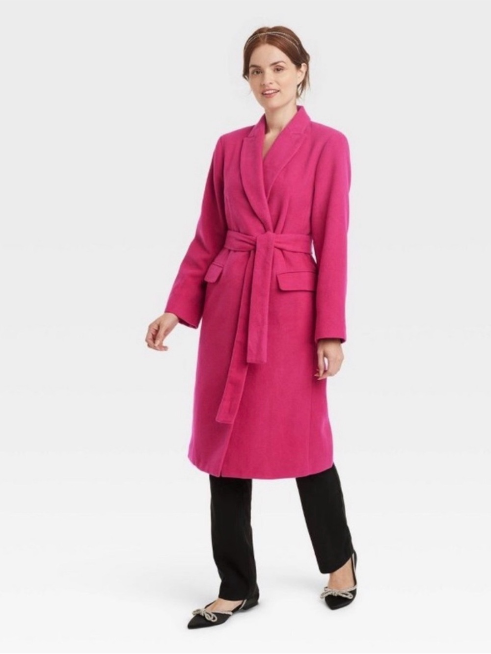 a new day Hot Pink Belted Shawl-Collar Long Coat